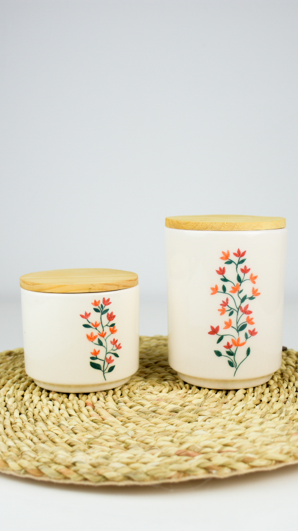 ست دو عددی بانکه سرامیکی با در چوبی دست‌ساز نیلابی