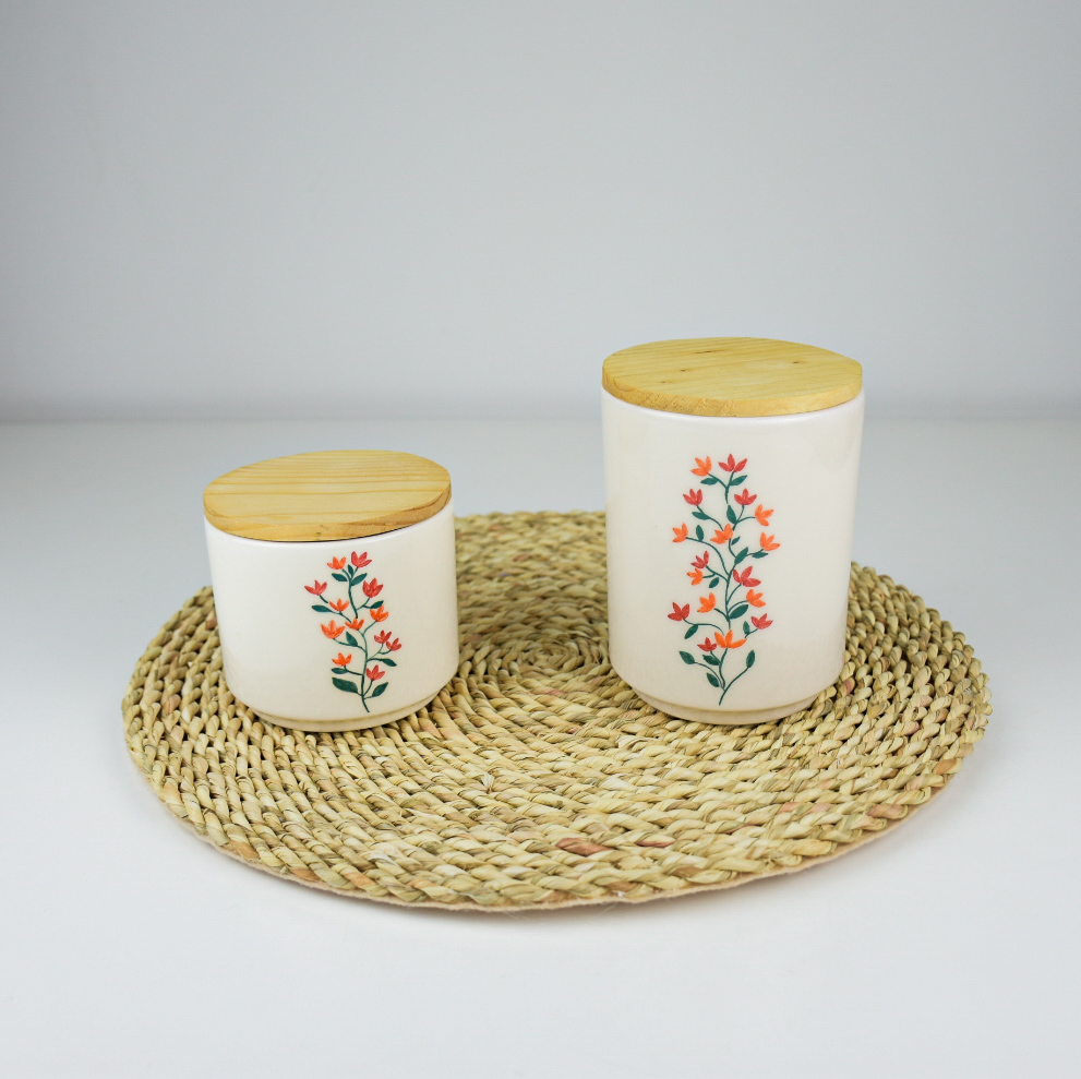 ست دو عددی بانکه سرامیکی با در چوبی دست‌ساز نیلابی